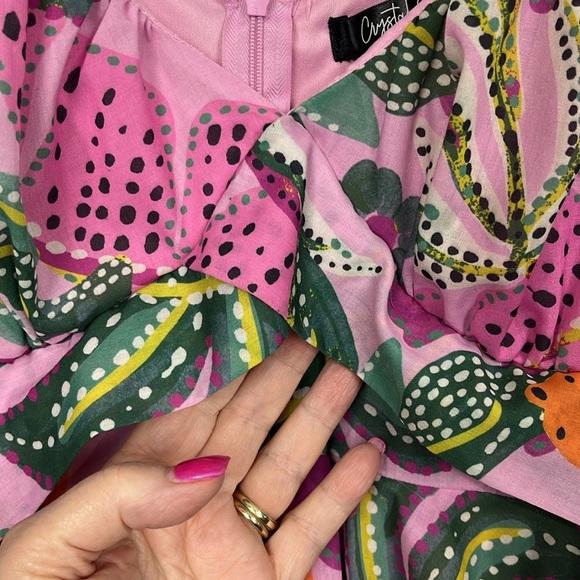 Crystal Sky Womens Mini Dress M Pink Orange Puffy Sleeves Zip Back Tie Sash EUC - Picture 4 of 16